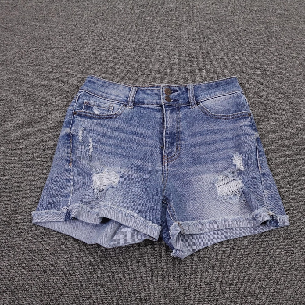 Vanilla Star Shorts Juniors 7 Blue Denim Midrise Midi Distressed Cutoff Raw Hem‎